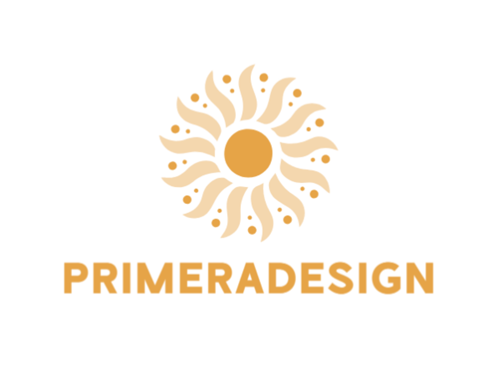 Primeradesign Logo mit einer stilisierten gelben Sonne und kreisförmig angeordneten Wellenstrahlen auf weißem Grund.