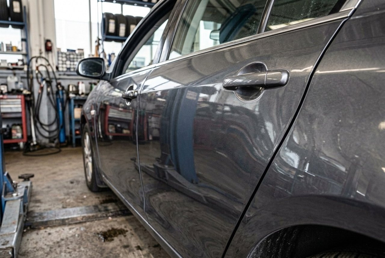 Dieselbe Fahrzeugtür mit glatter, glänzender Lackoberfläche nach der Reparatur