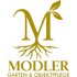 Goldenes "M" mit Wurzeln und Blättern, darunter "MODLER GARTEN & OBJEKTPFLEGE" auf grünem Hintergrund.