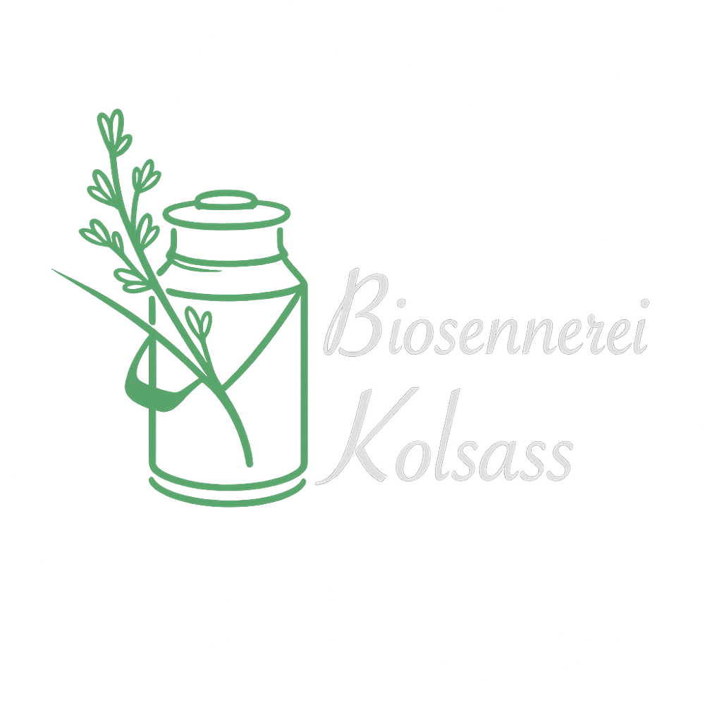 Milchkanne und Zweig; Text: Biosennerei Kolsass