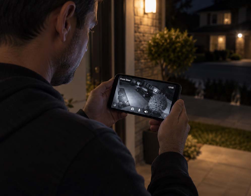 Exterior security camera mounted under the eaves of a home