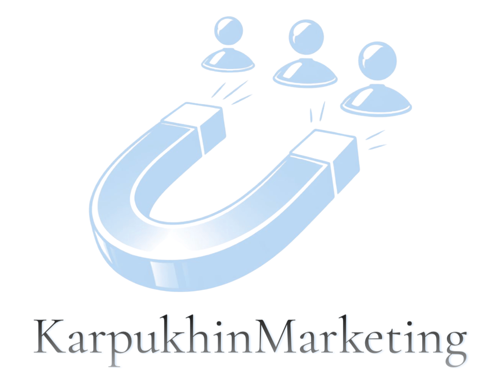 Hufeisenmagnet zieht drei stilisierte Personen an, mit Text "KarpukhinMarketing" darunter.