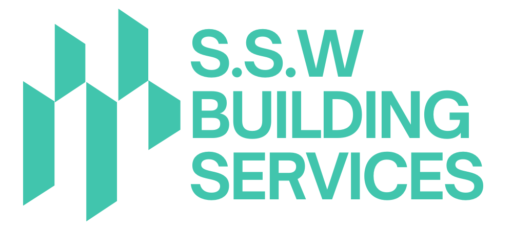 SSW Building Services logo with a stylized, teal geometric design resembling buildings or stacked blocks.