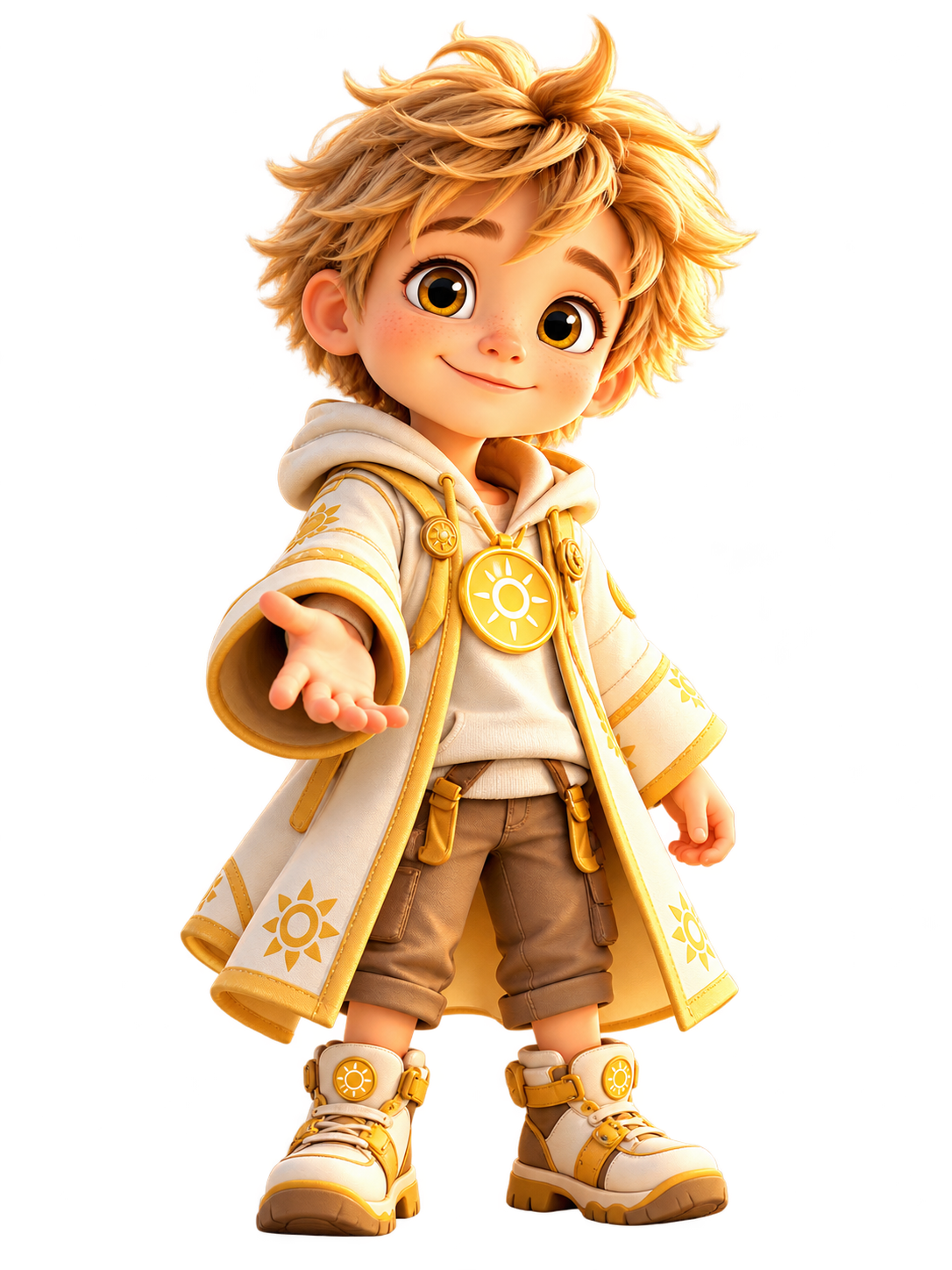 LUMI, die Leitfigur mit goldblondem Haar, cremefarbenem Mantel und Sonnenmedaillon