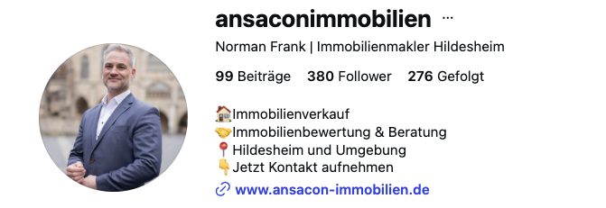 Instagram-Profil von Norman Frank, Immobilienmakler in Hildesheim