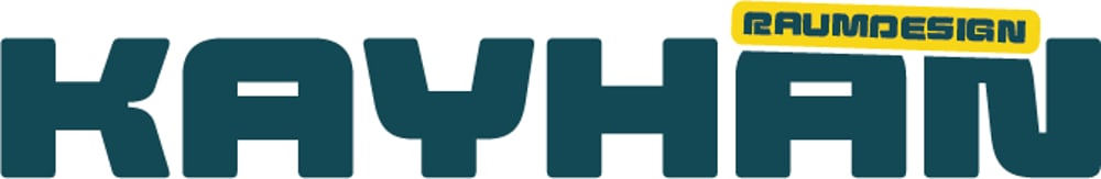 KAYHAN RAUMDESIGN Logo in dunkelblau mit gelbem Hintergrund für "RAUMDESIGN".