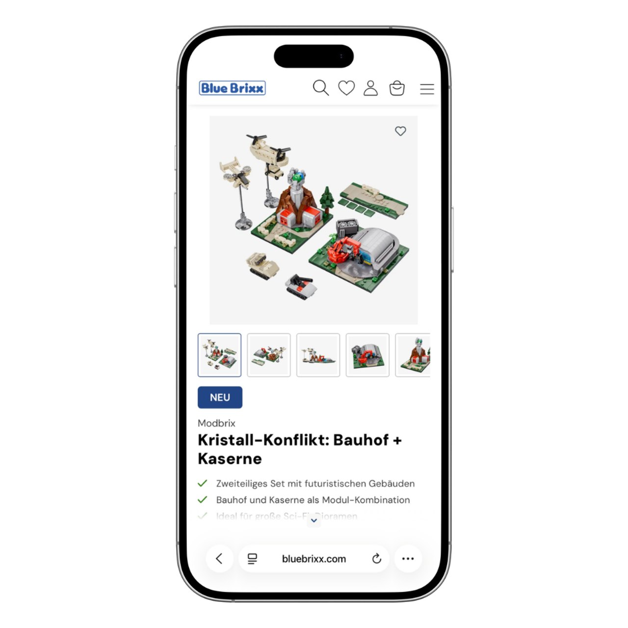 Smartphone zeigt BlueBrixx-Webseite mit "Kristall-Konflikt: Bauhof + Kaserne" Produkt und Modellen.