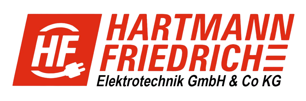 Rotes Logo "HF HARTMANN FRIEDRICH Elektrotechnik GmbH & Co KG" mit stilisiertem Stecker.