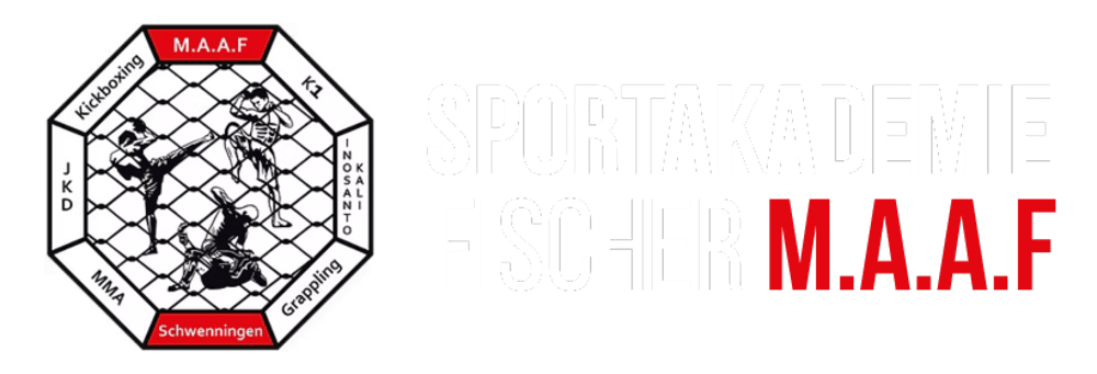 Logo der Sportakademie Fischer M.A.A.F. mit schwarzem Oktagon, das Kämpfer und Kampfkunst-Stile zeigt.