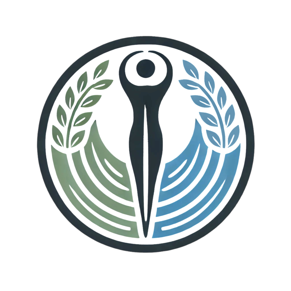 Rundes Logo mit einer stilisierten Person, umgeben von grünen und blauen Blättern und Wellen.