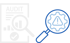 Audit-Dokument mit Diagramm und Lupe, daneben eine Lupe mit Zahnrad und Warnzeichen.