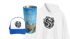 A white and blue trucker hat, a blue tumbler with "Legend Haven" text, and a white hoodie, all with a dragon logo.