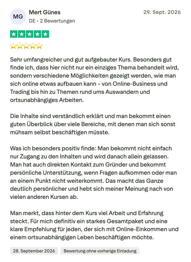 Trustpilot-Bewertung von Mert, 5 Sterne