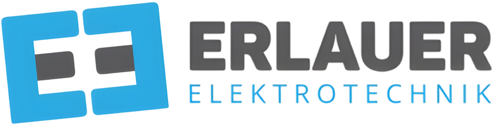 Logo der Firma Erlauer Elektrotechnik mit einem blau-grauen E-Symbol auf schwarzem Hintergrund.