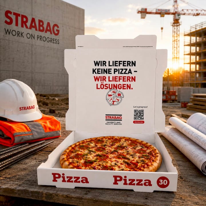 STRABAG Property & Facility Services — Recruiting Kampagne Werbung im Pizzakarton, 379 Pizzerien, Stuttgart · München · Nürnberg