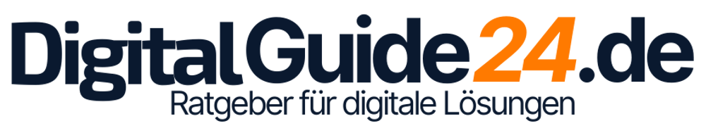 DigitalGuide24.de Logo: "DigitalGuide24.de Ratgeber für digitale Lösungen" in dunkelblau und orange auf grünem Hintergrund.