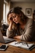 Eine Frau hält sich mit geschlossenen Augen die Stirn, während sie an einem Holztisch mit Laptop, Handy und Brille sitzt.