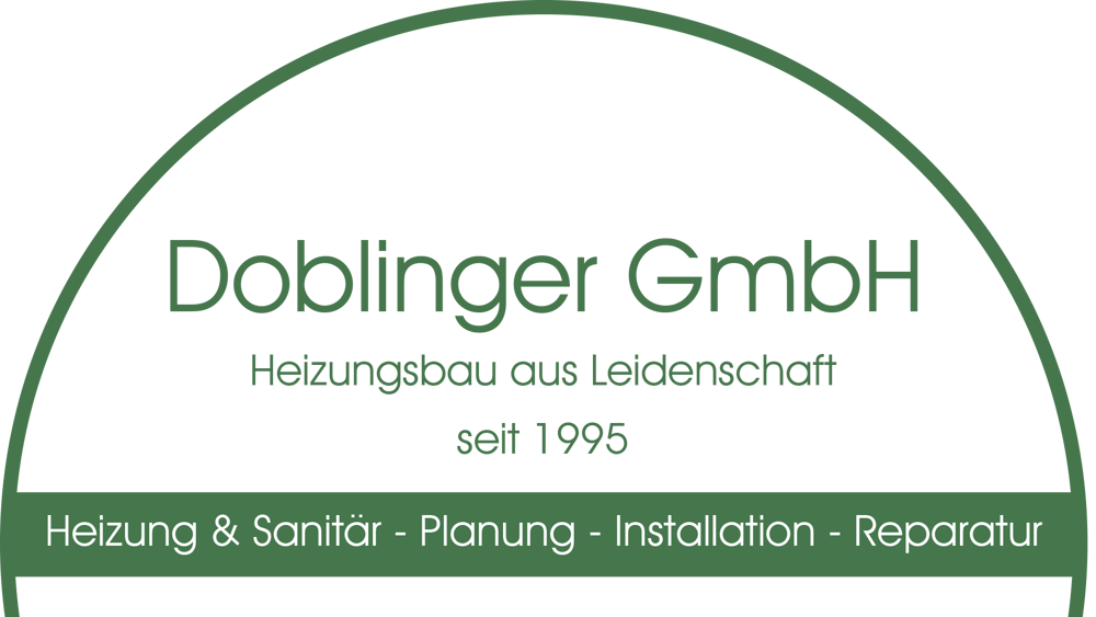 Dunkelgrüner Hintergrund mit Text: „Doblinger GmbH, Heizungsbau aus Leidenschaft, seit 1995, Heizung & Sanitär – Planung – Installation – Reparatur“