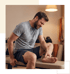 A man in gym clothes sits on a weight bench and winces while clutching his ankle in a home gym.