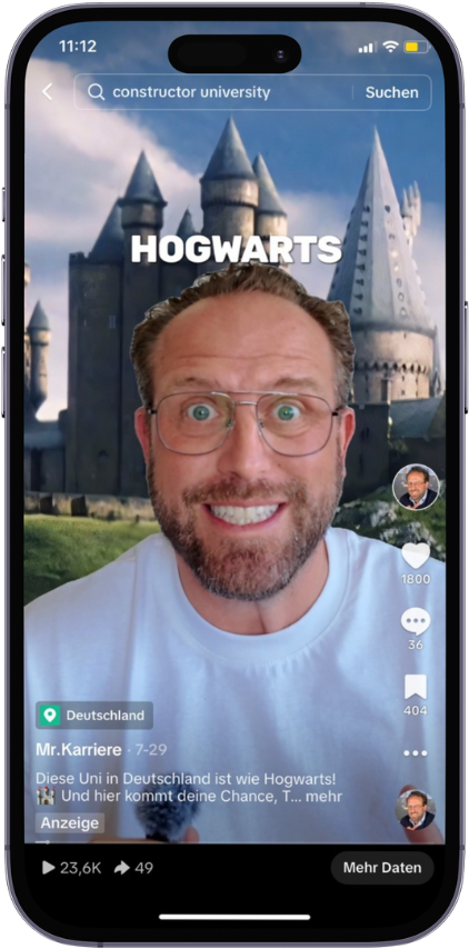 Das Hogwarts-Video der Constructor-University-Kampagne auf dem Smartphone