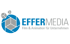 EFFERMEDIA Logo: blauer Blendenverschluss mit Würfel, Text „EFFERMEDIA Film & Animation für Unternehmen“