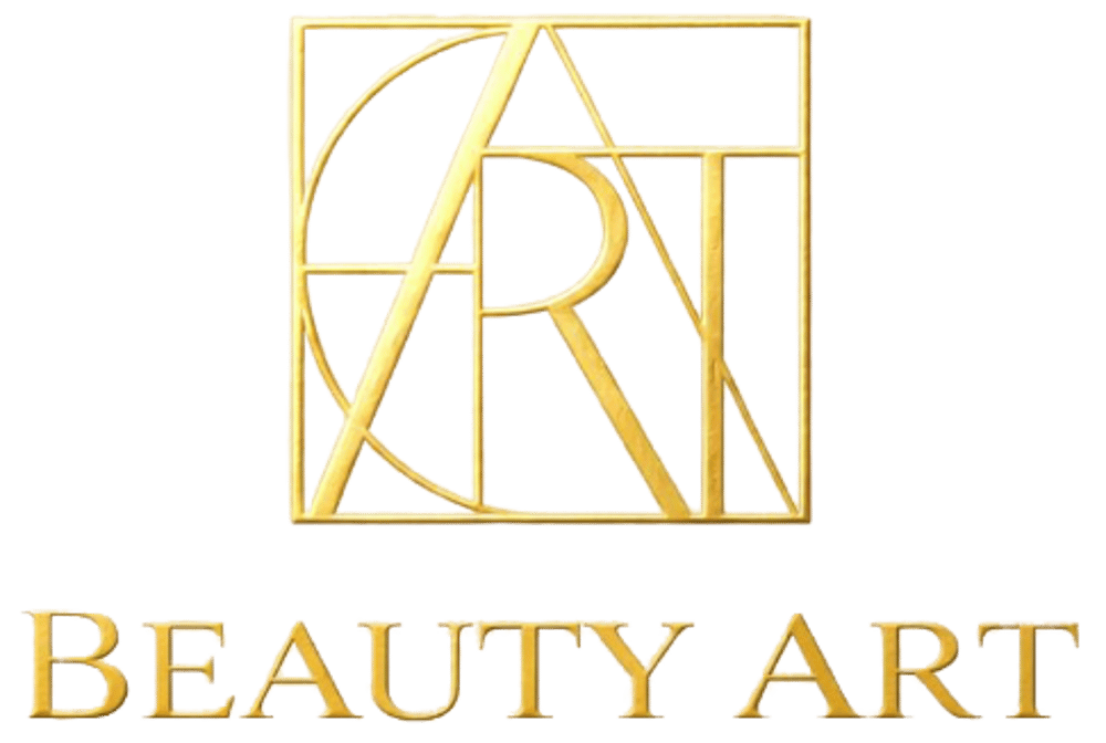 Goldenes Logo mit dem Schriftzug Beauty Art und geometrischen Linien auf schwarzem Hintergrund.