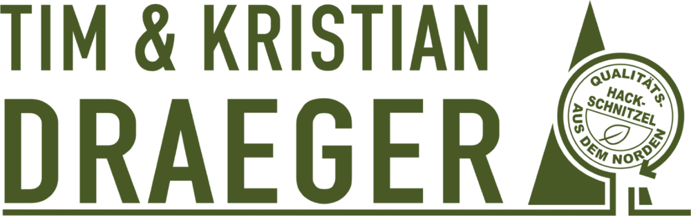 Logo von Tim & Kristian Draeger mit dem Text Qualitäts-Hackschnitzel aus dem Norden neben einer stilisierten Tanne.