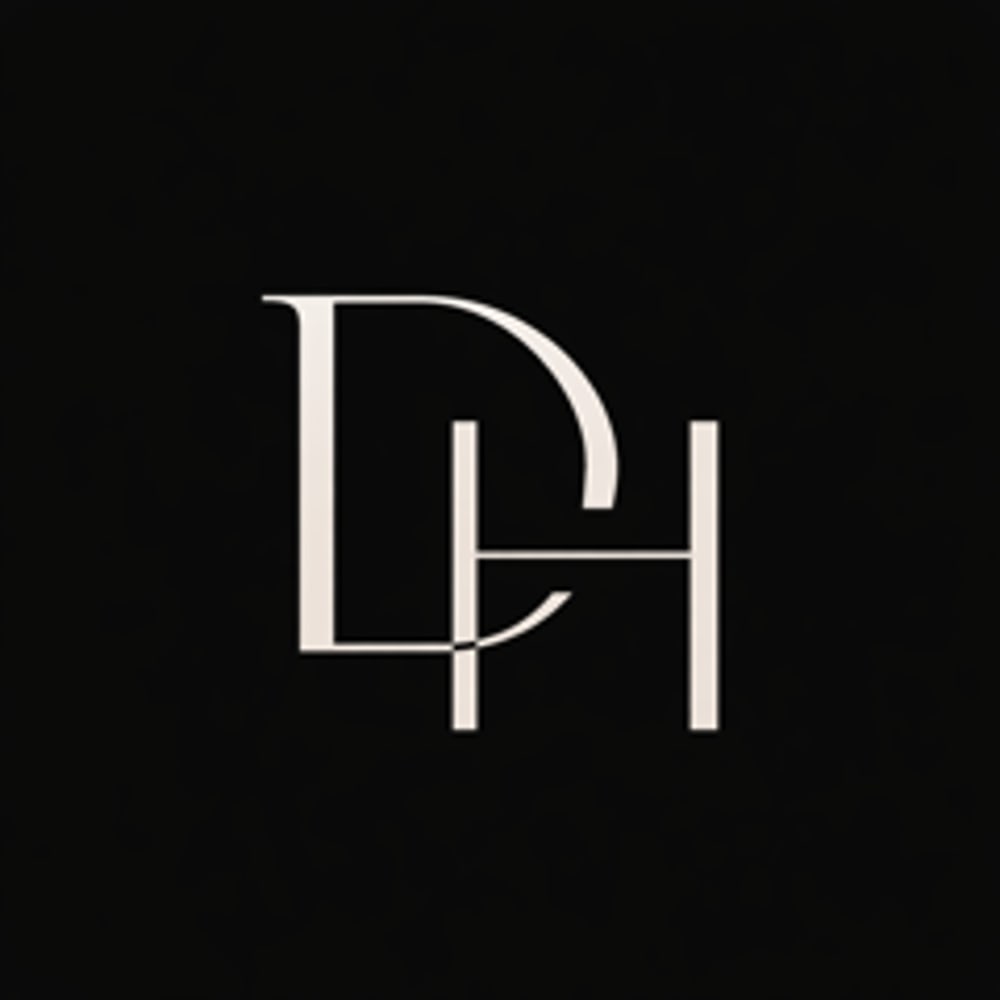 Monogramm mit verschlungenen Großbuchstaben D und H in hellem Elfenbein auf schwarzem Hintergrund.