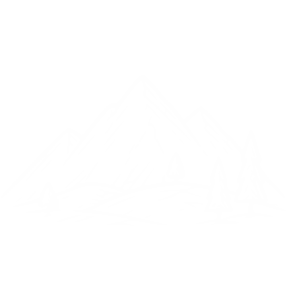 Weiße Strichzeichnung einer Berglandschaft mit Tannenbäumen vor schwarzem Hintergrund.