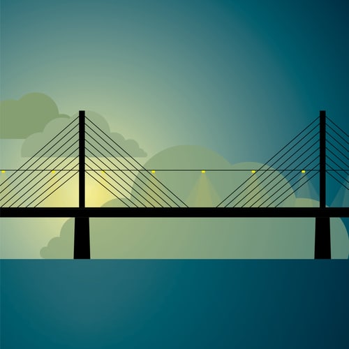 Illustration der Friedrich-Ebert-Brücke in Bonn bei Dämmerung mit Schrägseilen
