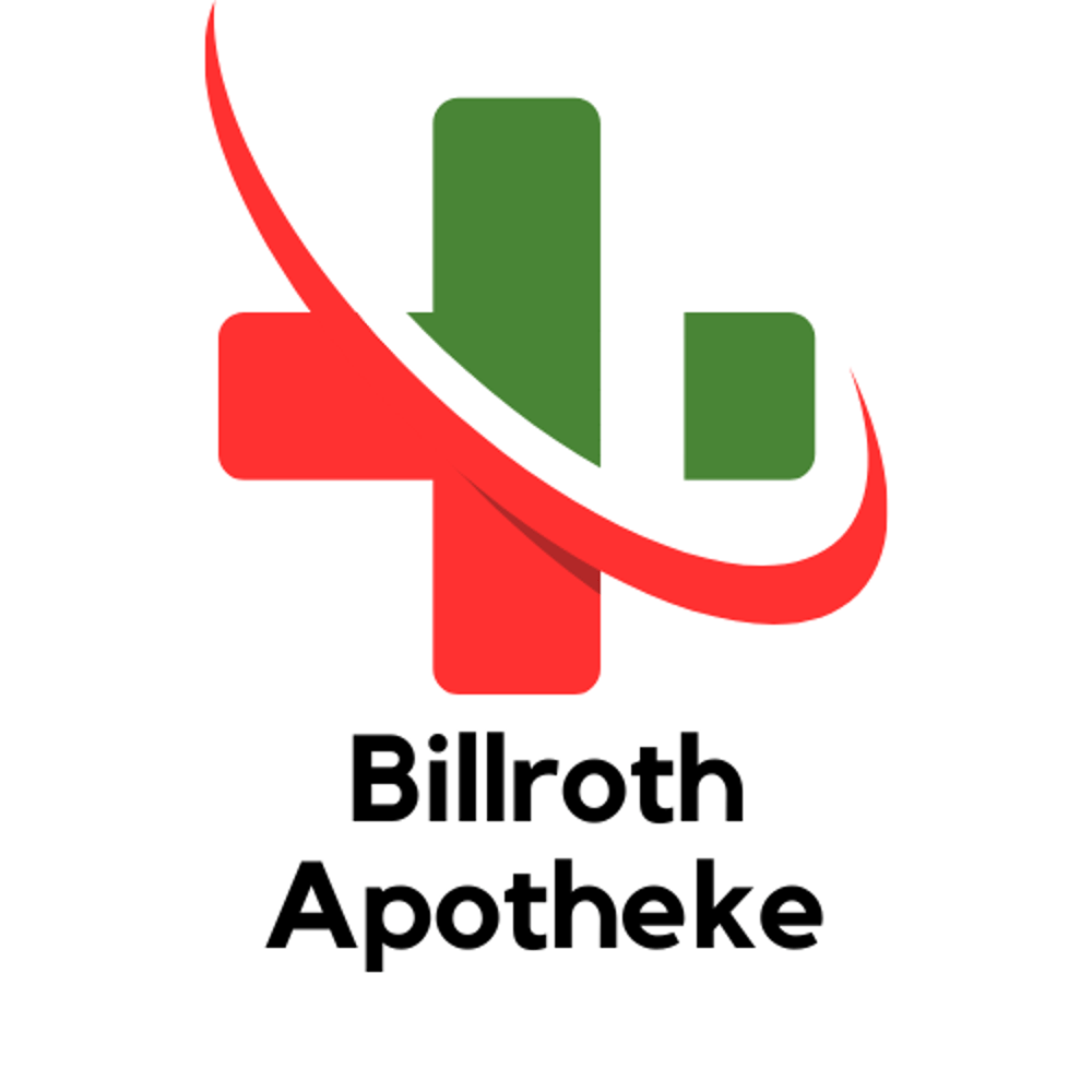 Billroth Apotheke Logo – rotes und grünes Kreuz mit rotem Bogen, Markenauftritt der Apotheke für Beratung, Rezepte und Arzneimittelversorgung auf Rügen.
