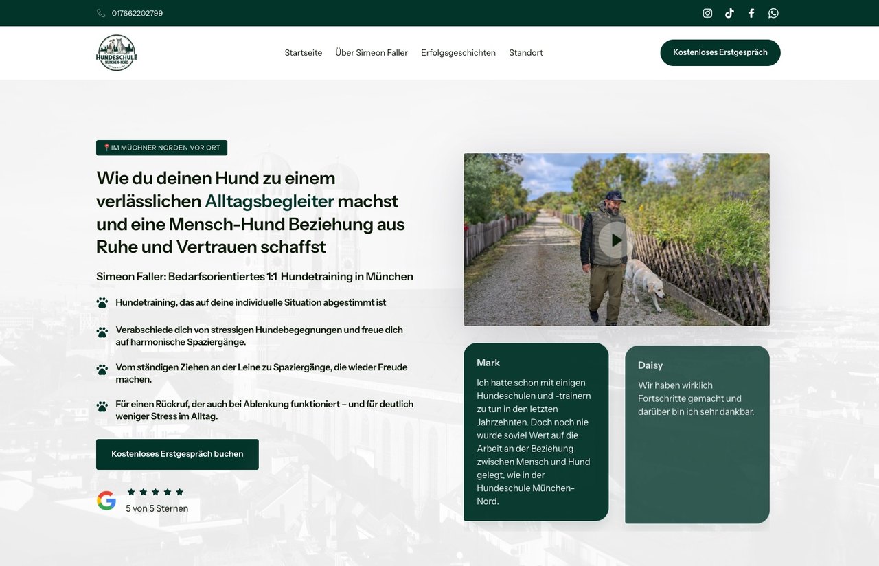 Hero-Bereich der von uns gestalteten Landingpage für einen Hundetrainer aus München