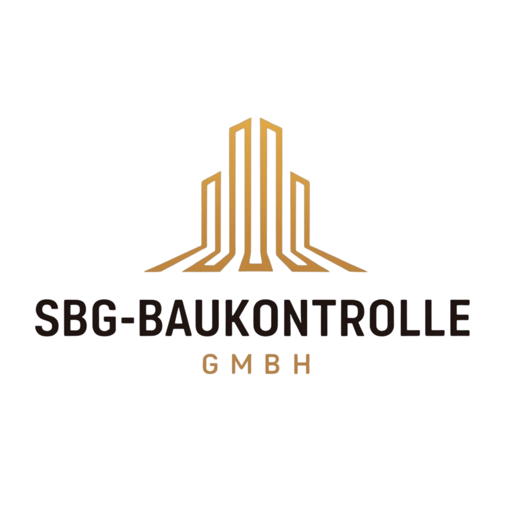 Goldenes Logo mit stilisierten Hochhäusern über "SBG-BAUKONTROLLE GMBH" auf dunkelgrünem Hintergrund.