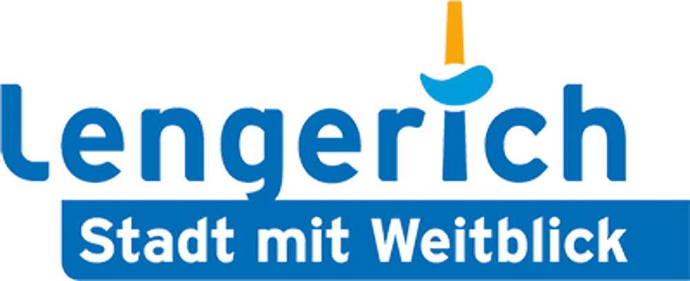 Logo von Lügde: Rote Skyline, blauer Hügel, Schriftzug "Lügde Staatlich anerkannter Erholungsort".