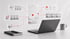 Laptop neben Notizbuch mit schwebenden Social-Media-Icons für Videobearbeitung, Likes und Marketing-Analyse auf grauem Grund.
