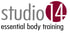Logo von studio14 essential body training mit grauer Schrift und der Zahl 14 in einem weinroten Kreis.