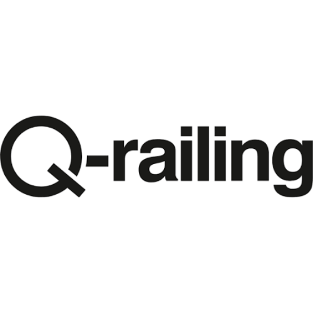 Schwarzes Q-railing Logo auf dunkelgrünem Hintergrund.