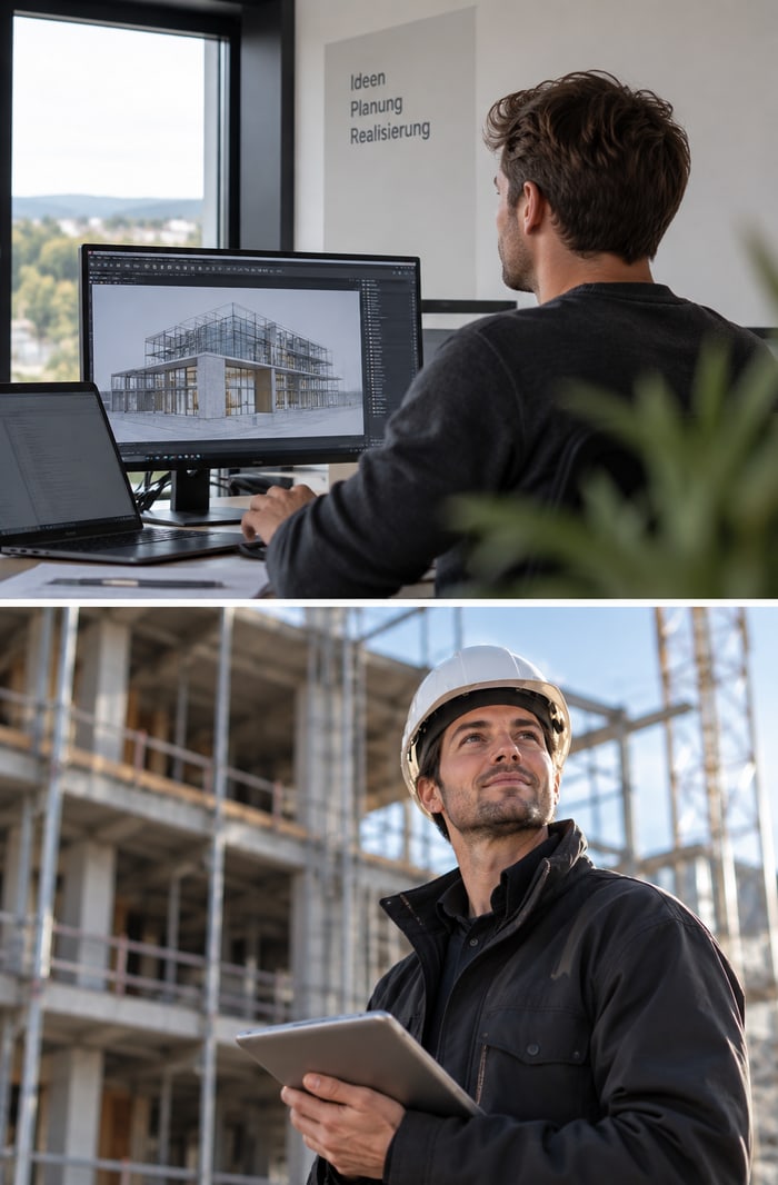 Architekt mit Helm auf der Baustelle