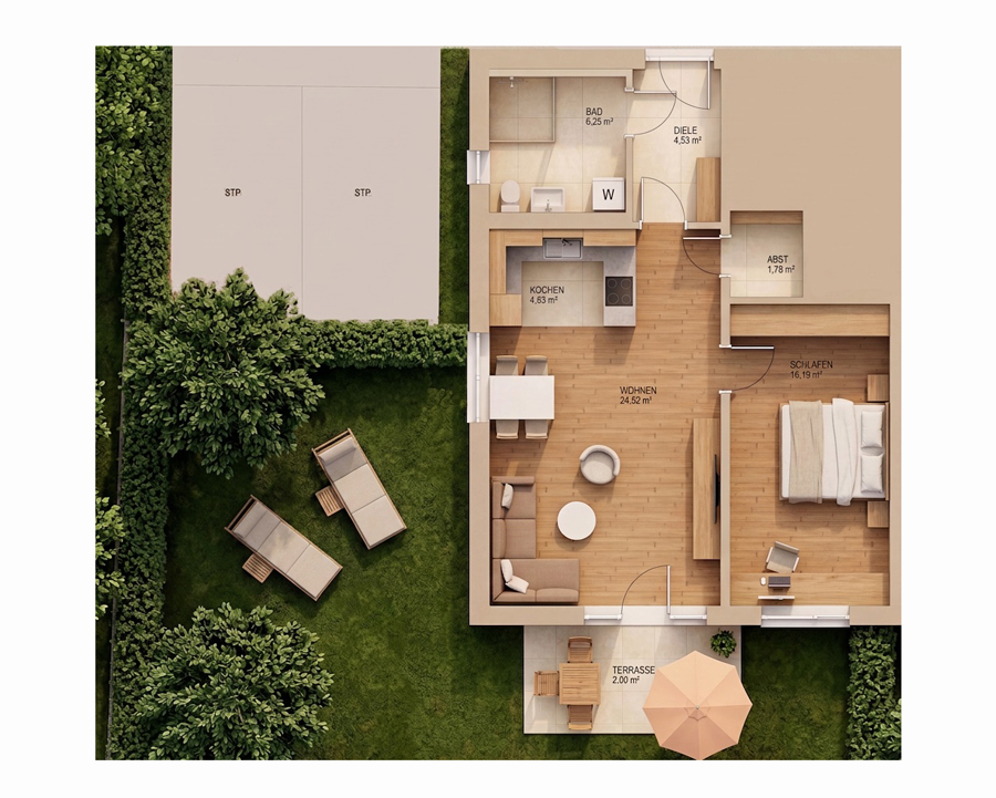 Grundriss der Wohnung 1 im Erdgeschoss