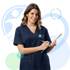 A smiling female nurse in blue scrubs holds a clipboard and pen, with a green and blue abstract background.