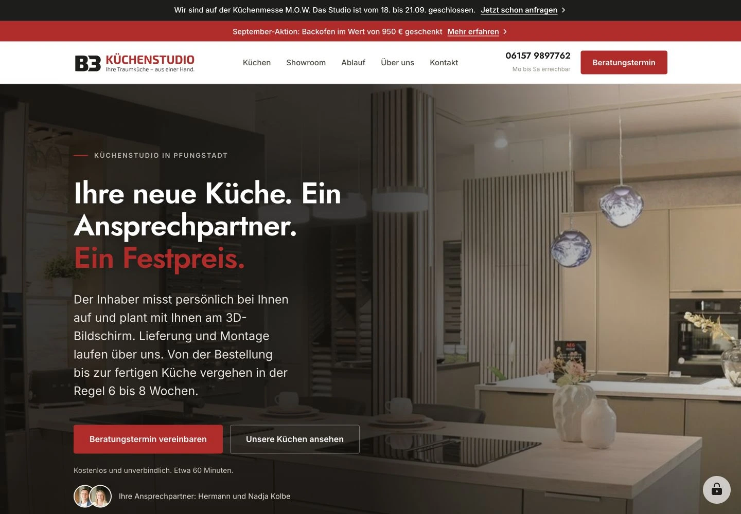 Tatsächliche Startseite des B3 Küchenstudios: große Küchenfotografie, persönliche Beratung und roter Button zum Beratungstermin