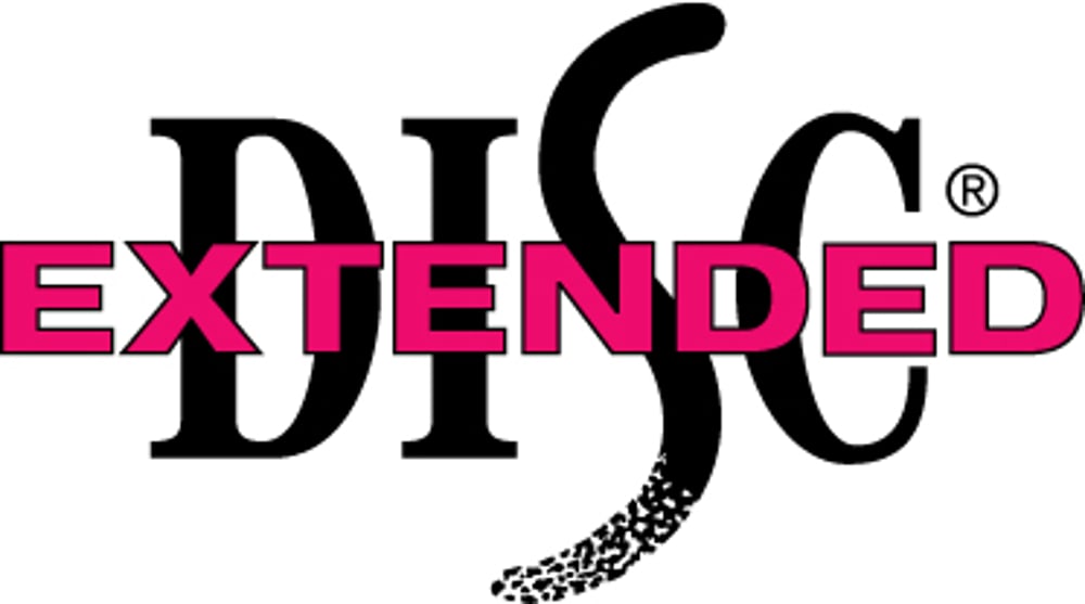Schwarzes "DISC"-Logo mit dem Wort "EXTENDED" in leuchtendem Pink, das die Mitte des Logos überlappt.