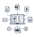 Laptop mit Dokumentensymbolen, PDF, E-Mail, und Gruppen-Symbolen, die Datensicherheit und -management darstellen - Krisenstab-Software Notfall- und Krisenmanager (NKM®).