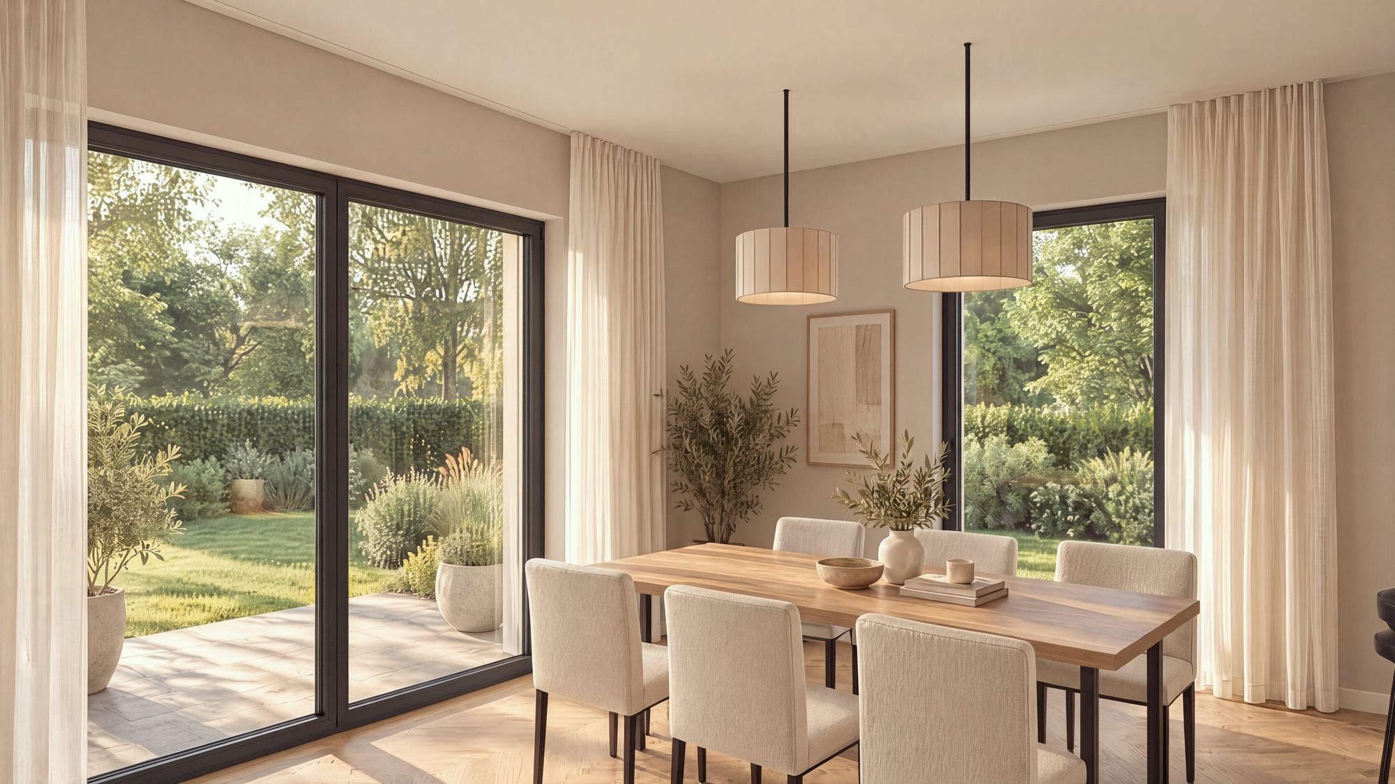 Visualisierung: Wohnen und Essen mit Blick in den Garten
