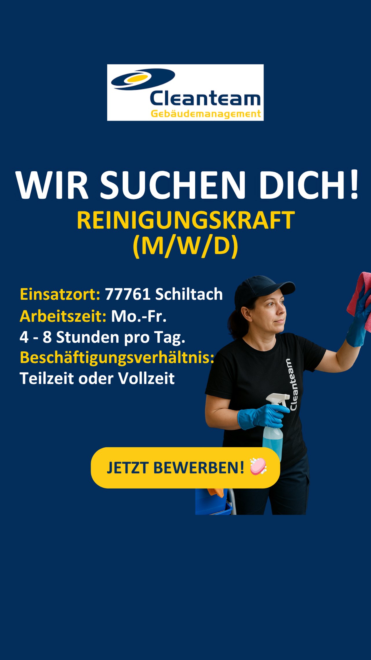 Recruiting-Anzeige CTG Cleanteam: Reinigungskraft mit Sprühflasche und Lappen, „Wir suchen dich!“