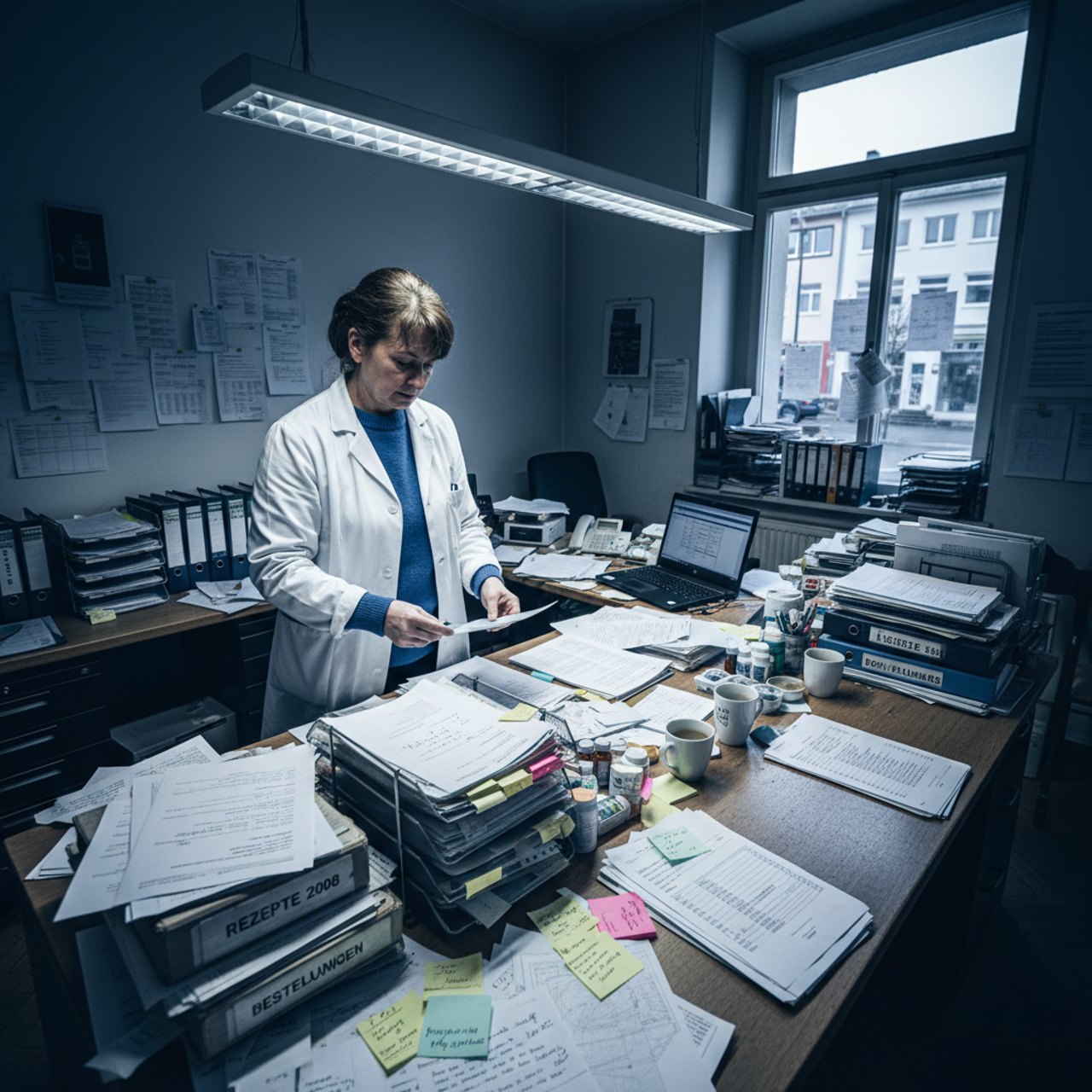 Chaotisches Backoffice mit Papierstapeln und Zetteln