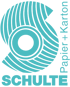 Logo: grünes S-Symbol mit Streifen, Schriftzug "SCHULTE" unten, "Papier + Karton" rechts vertikal.