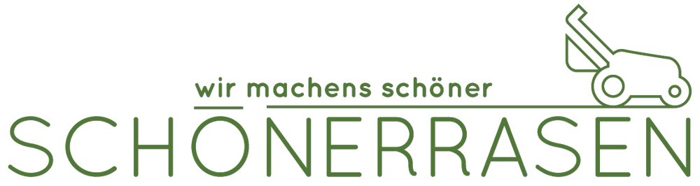 Grünes Logo Schöner Rasen mit einem Rasenmäher-Symbol und dem Slogan wir machens schöner auf schwarzem Hintergrund.
