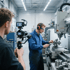 Florian Bader filmt einen Techniker, der an einer CNC-Fräsmaschine in einer Fabrikhalle arbeitet.