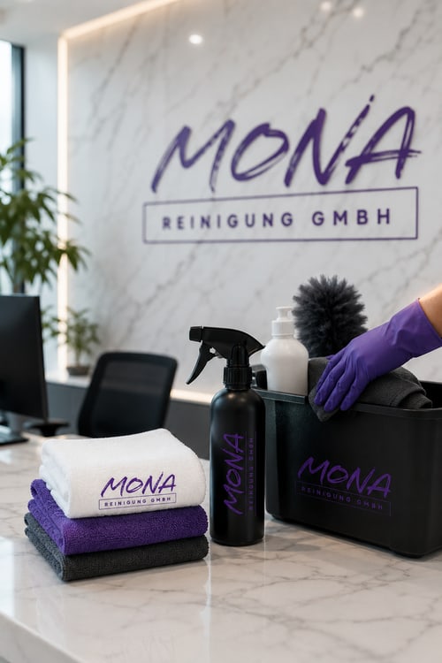 Reinigungsutensilien vor einer Wand mit dem Schriftzug MONA Reinigung GmbH